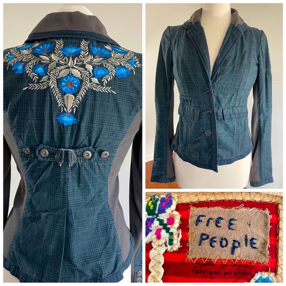 Free People Plaid Embroidered Jacket Blazer